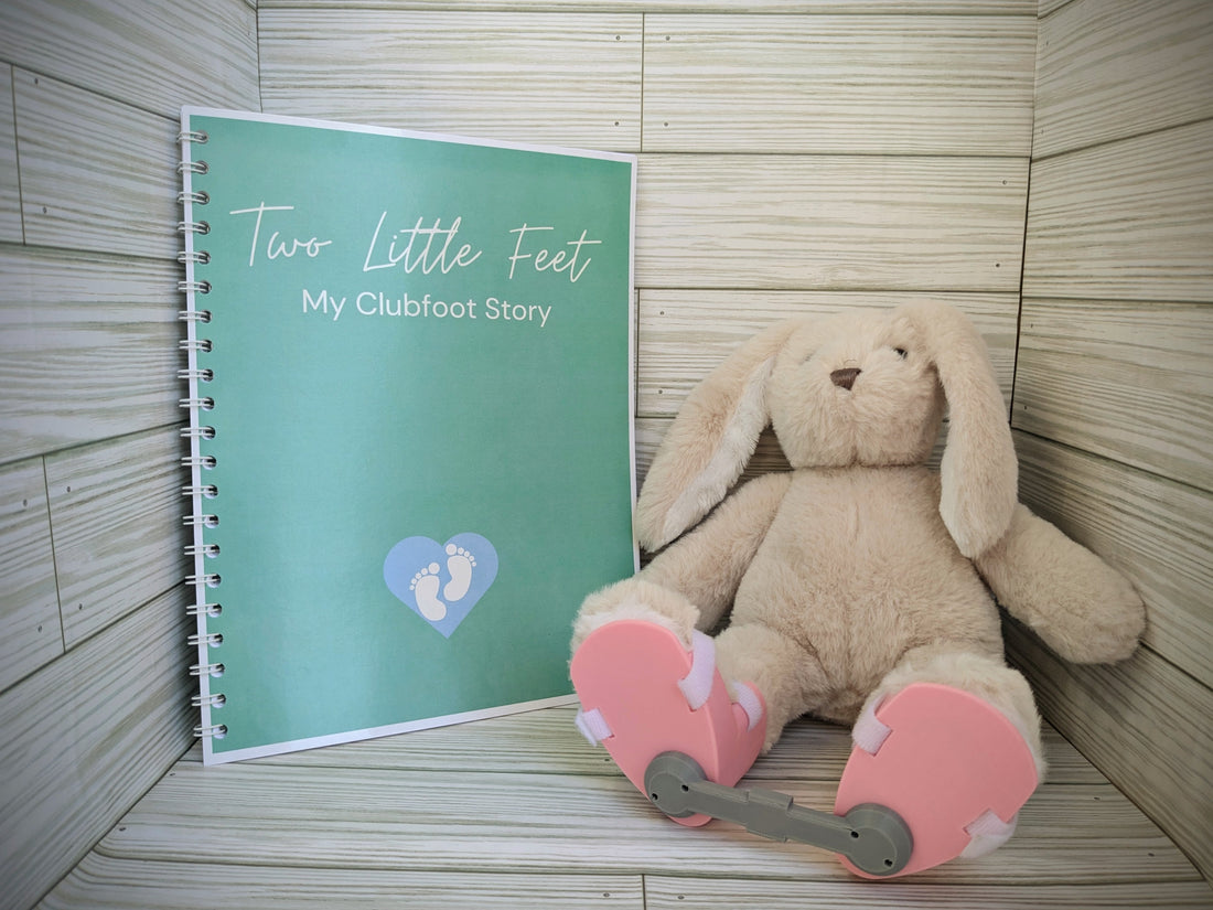 Clubfoot treatment memory book and plush bunny wearing pink clubfoot brace