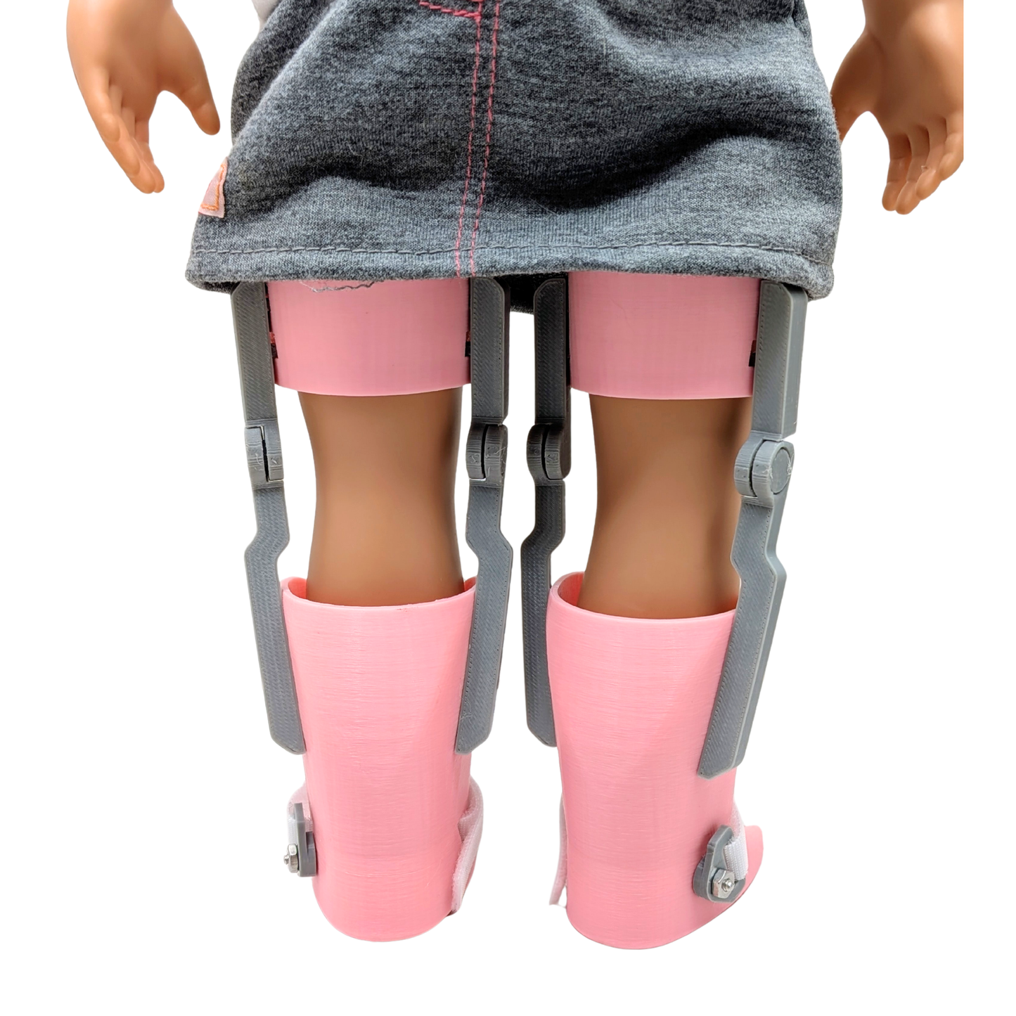 Back view of doll KAFO braces showing brace height and detailed knee and ankle sections.