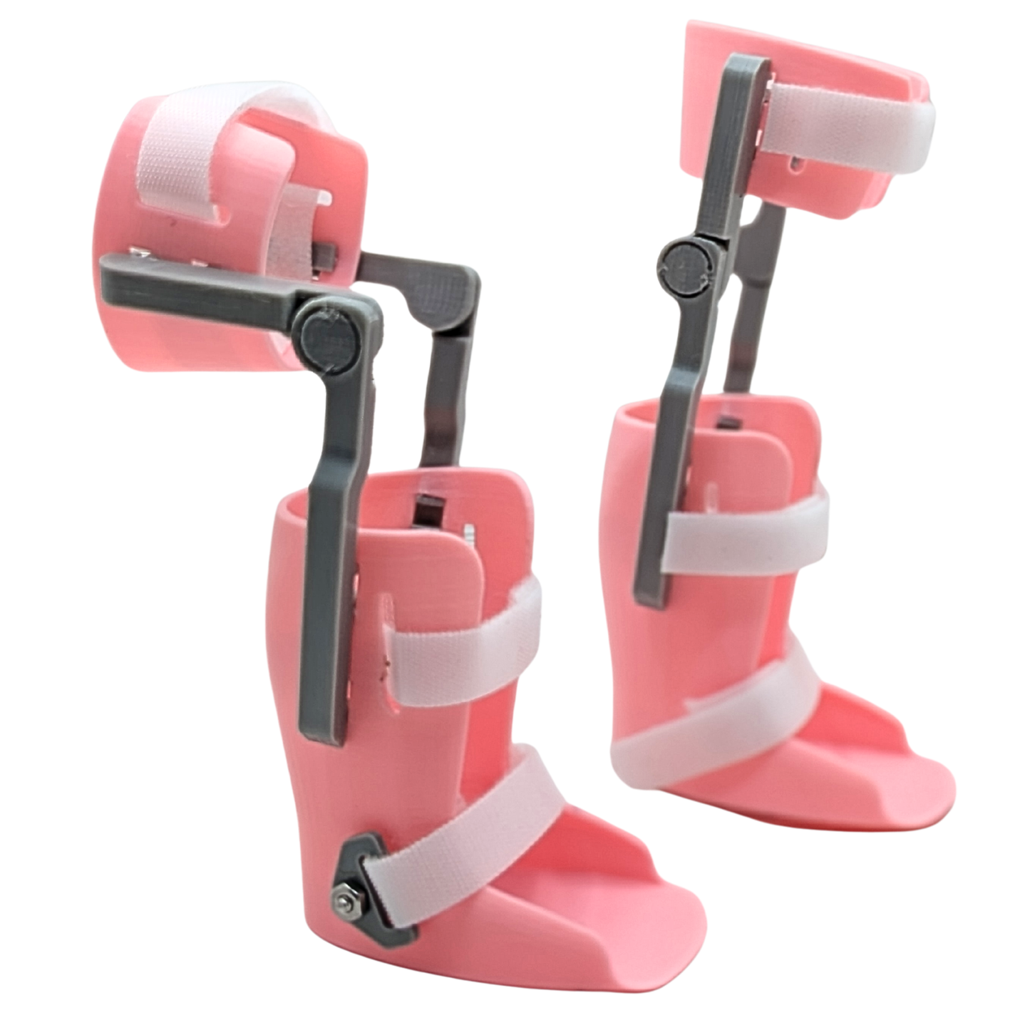 Pair of doll-sized KAFO braces made from plant-based plastic, fits American Girl and similar dolls.