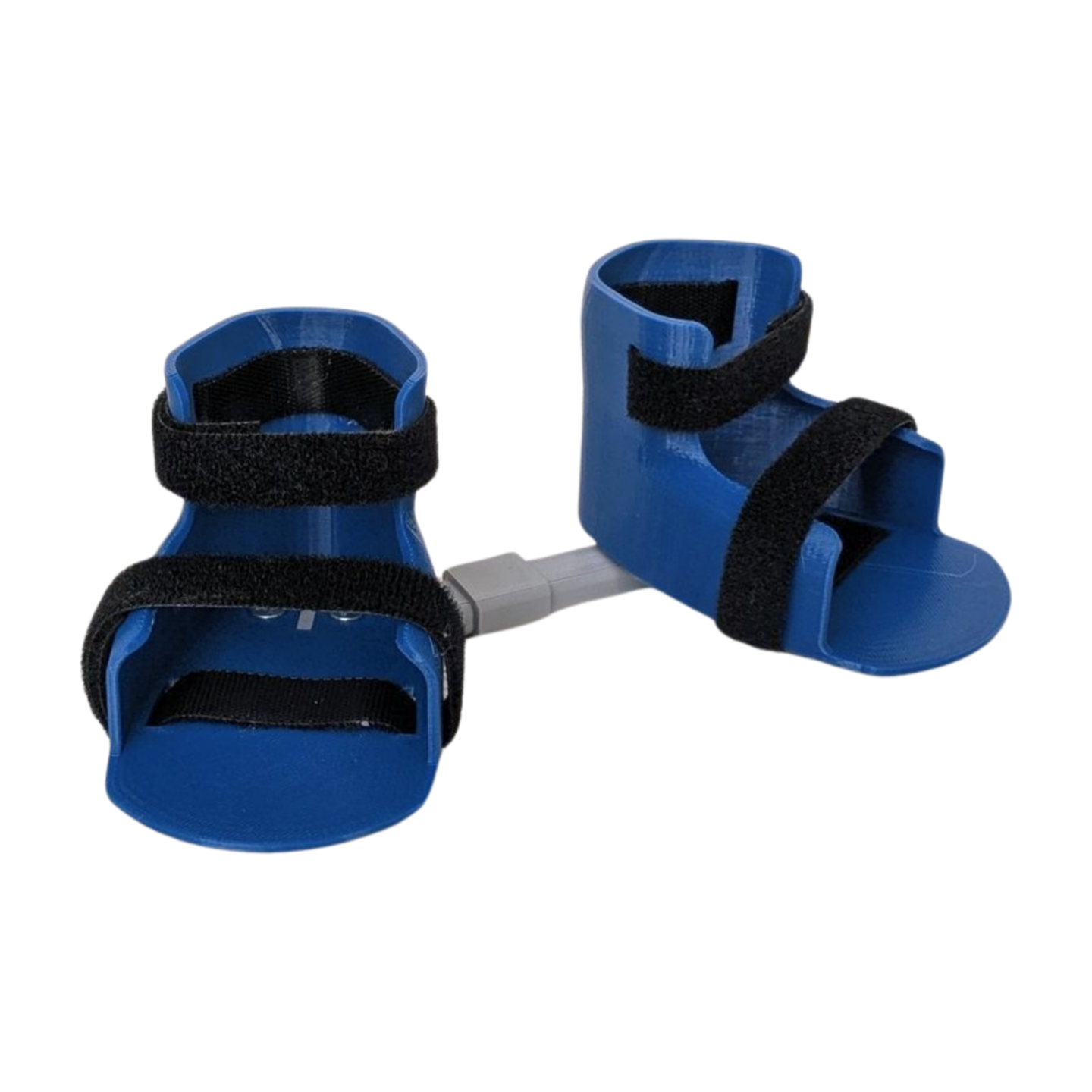 Blue doll-sized clubfoot boots and bar made from plant-based plastic, designed for stuffed animals and dolls.