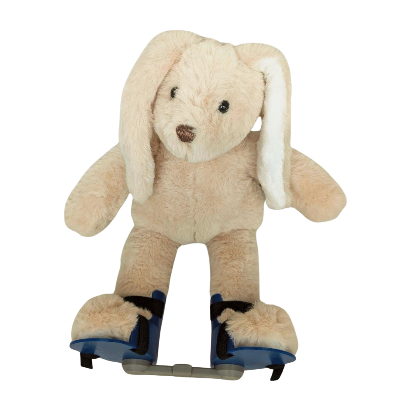 Off-white stuffed bunny wearing a blue clubfoot boots and bar brace, 12-inch plush toy designed for kids with clubfoot.