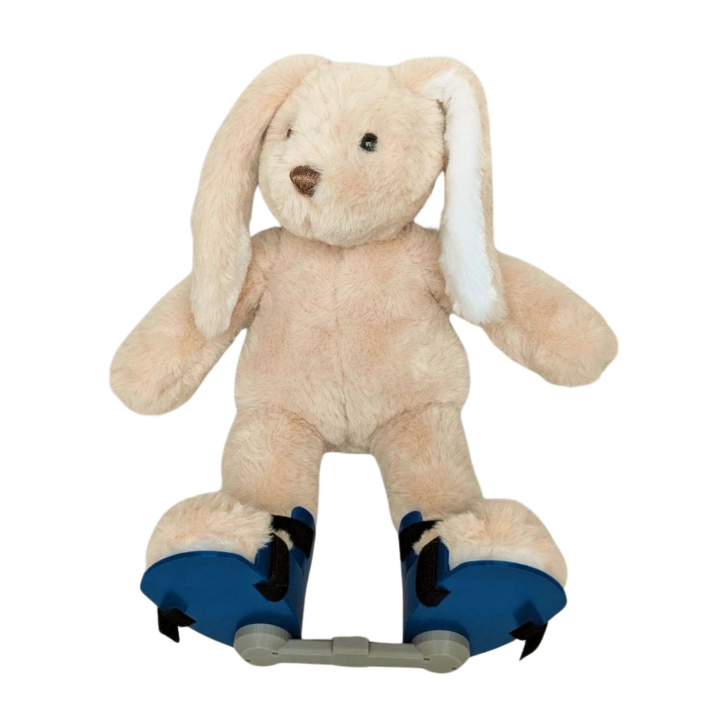 Off-white stuffed bunny wearing a blue clubfoot boots and bar brace, 12-inch plush toy designed for kids with clubfoot.