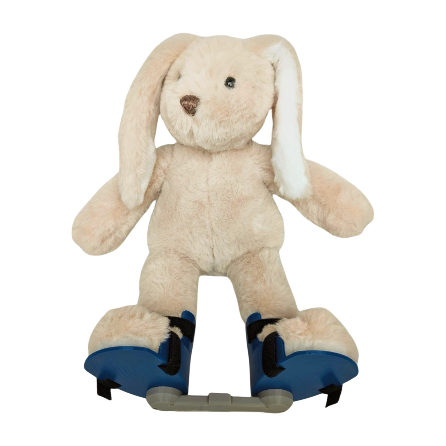 Off-white stuffed bunny wearing a blue clubfoot boots and bar brace, 12-inch plush toy designed for kids with clubfoot.