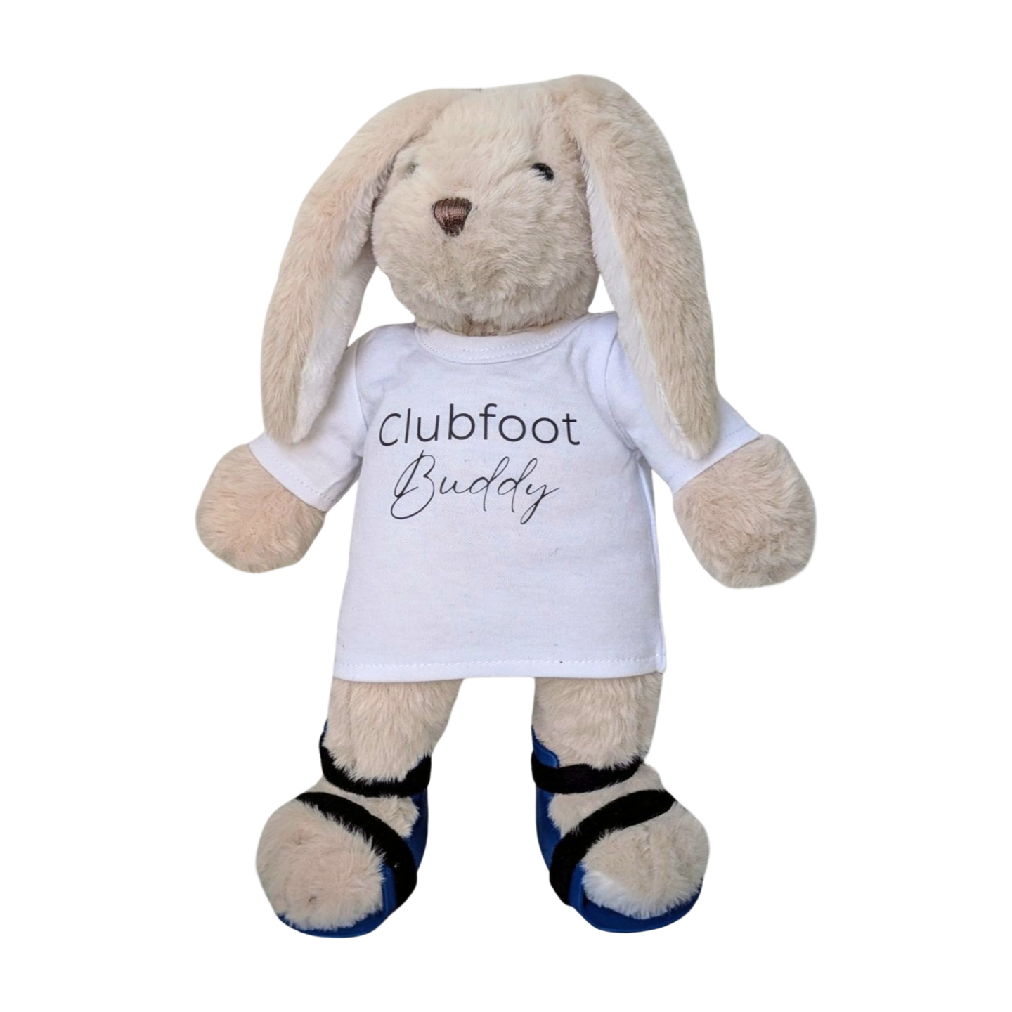 Stuffed bunny wearing a blue clubfoot brace and optional Clubfoot Buddy T-shirt designed to fit plush animals.