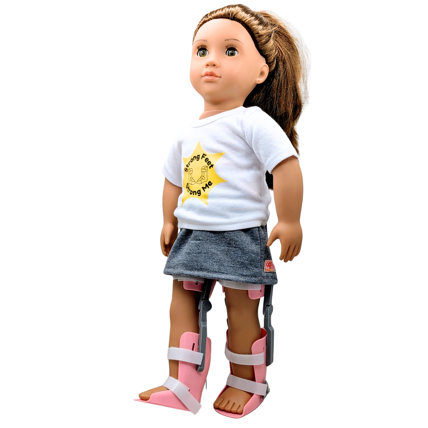 KAFO braces fitted on an 18-inch doll, realistic knee-ankle-foot orthosis style for medical play.