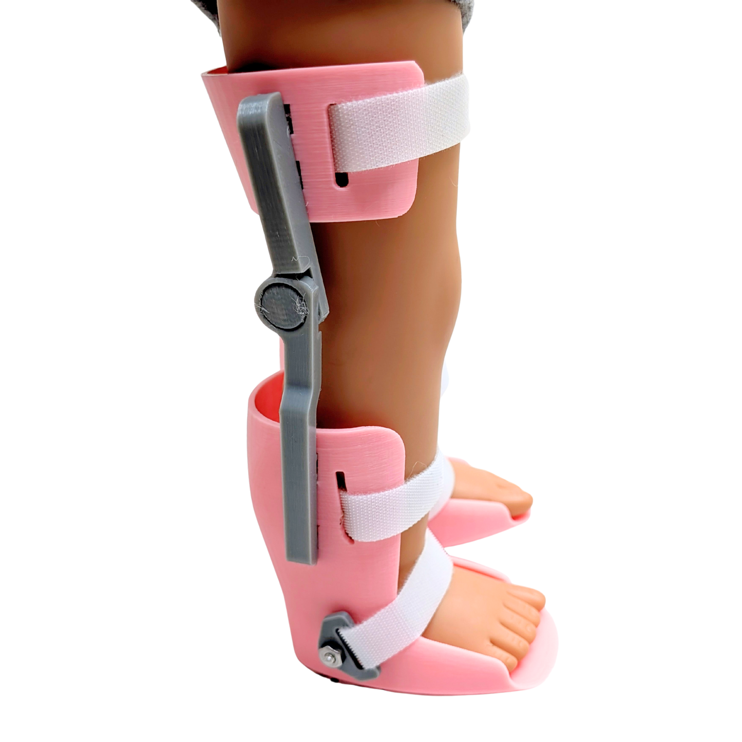 Side view of doll KAFO braces showing brace height and detailed knee and ankle sections.