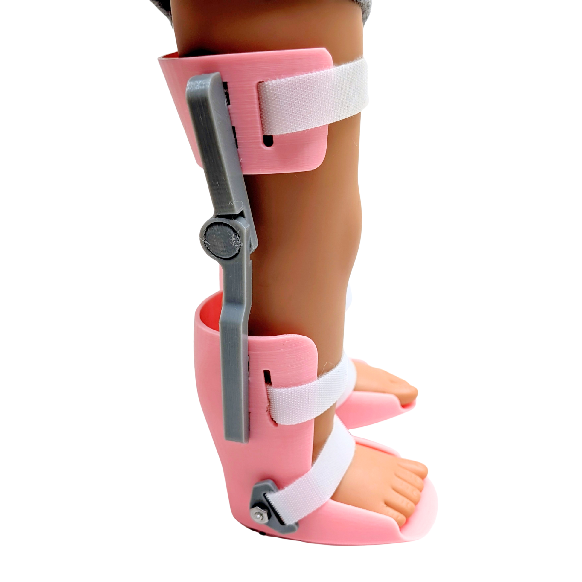 Side view of doll KAFO braces showing brace height and detailed knee and ankle sections.