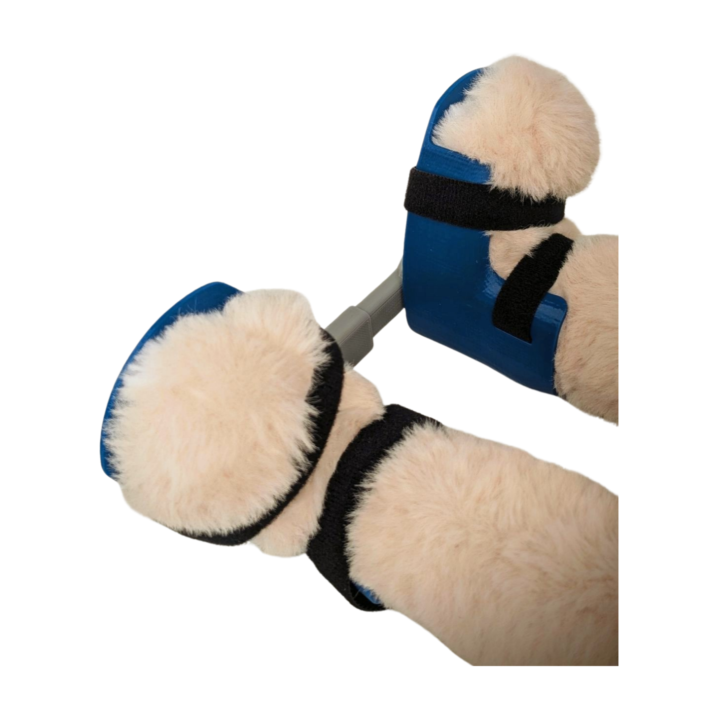 Side view of plush bunny with blue Ponseti-style clubfoot brace showing boot shape and bar width.